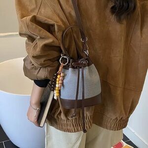 Casual Canvas Bucket Bag with Brown Leather Trim